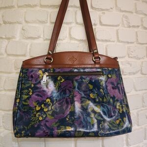 Patricia Nash Blue & Purple Poppies Print Floral Leather Shoulder Bag